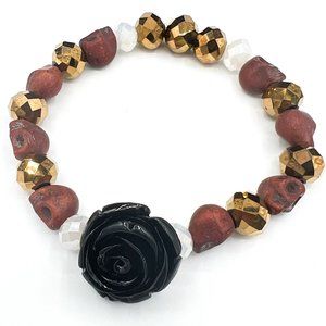 Rose and Skull Bead Stretch Bracelet